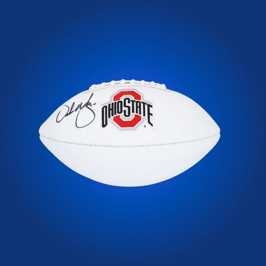 Urban Meyer autographed Ohio State Buckeyes white logo football, unique collectible for Ohio State fans and memorabilia enthusiasts.