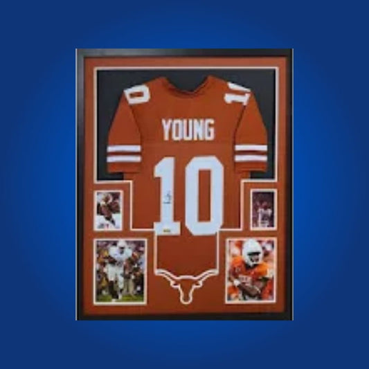 Vince Young Signed Full Framed Custom Texas Longhorns Jersey – autographed memorabilia, Rose Bowl-winning quarterback collectible, iconic for Longhorns supporters.