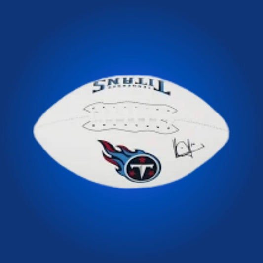 Vince Young signed Titans logo football, with quarterback’s autograph and official Tennessee branding.