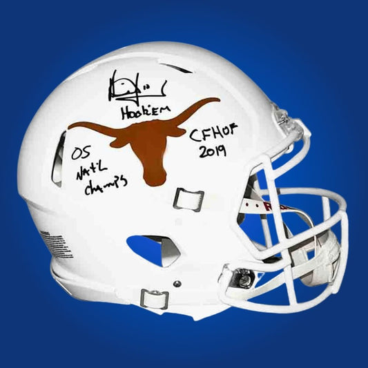 Autographed full size Authentic Helmet by Vince Young, Texas Longhorns legend, displayed on a clean white background. Ideal for memorabilia collections and Texas fans. SportsMarkets product photo.