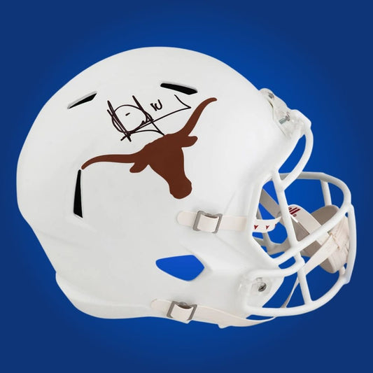 Autographed full size replica helmet by Vince Young, Texas Longhorns legend, displayed on a clean white background. Ideal for memorabilia collections and Texas fans. SportsMarkets product photo.