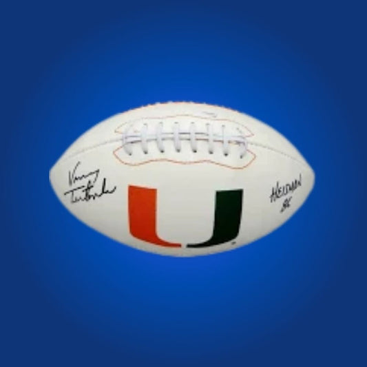 Vinny Testaverde autographed Miami Hurricanes white logo football, prized collectible for Hurricanes fans and memorabilia collectors.