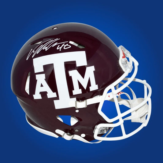 Autographed Texas A&M Aggies full size Authentic Helmet signed by Von Miller, displayed against a clean white backdrop. SportsMarkets memorabilia product photo.