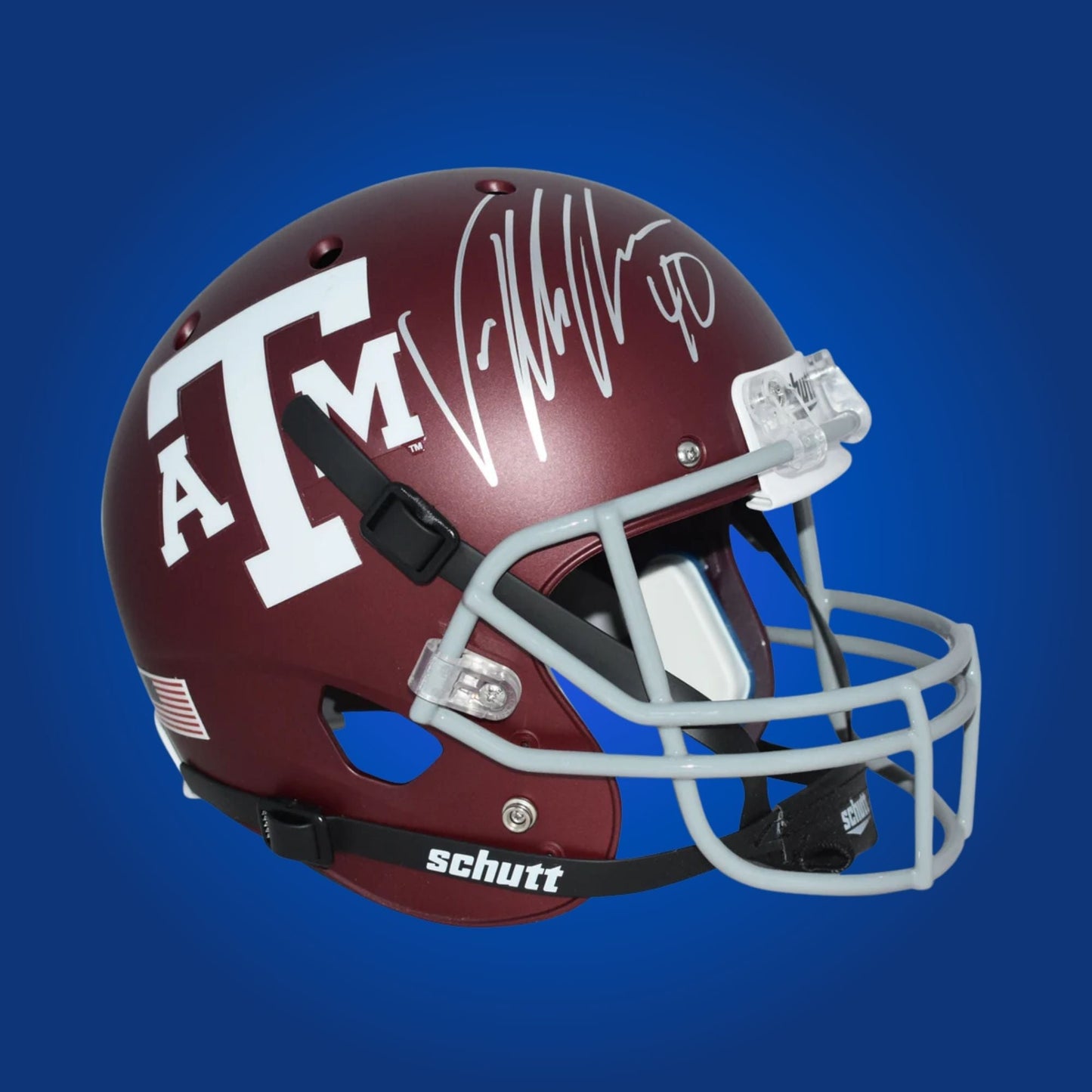 Autographed Texas A&M Aggies full size replica helmet signed by Von Miller, displayed against a clean white backdrop. SportsMarkets memorabilia product photo.