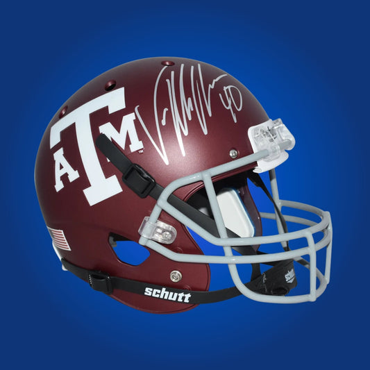 Autographed Texas A&M Aggies full size replica helmet signed by Von Miller, displayed against a clean white backdrop. SportsMarkets memorabilia product photo.
