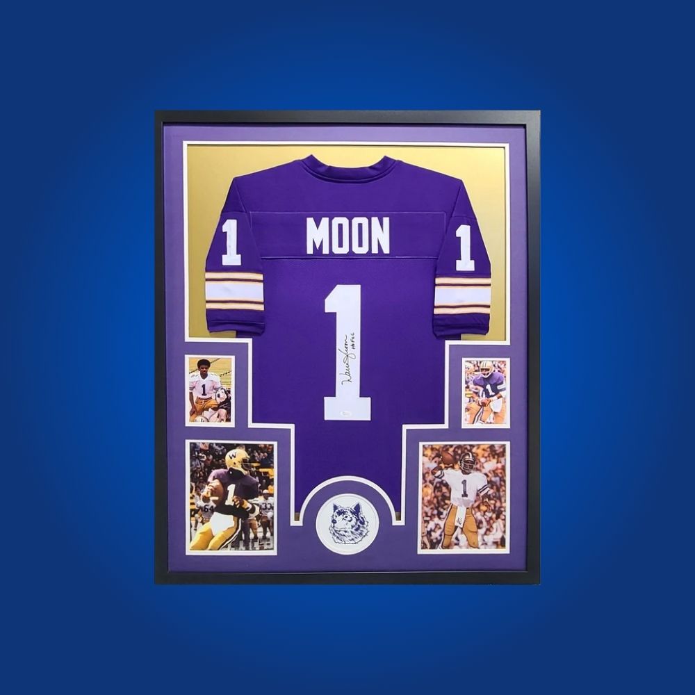 Warren Moon Signed Full Framed Custom Washington Huskies Jersey – autographed memorabilia, legendary quarterback collectible, must-have for Washington supporters.