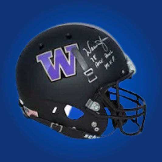 Autographed full size replica helmet by Warren Moon, legendary Washington Huskies quarterback and Pro Football Hall of Famer, featured on a pristine white background for maximum product detail. Essential for memorabilia collectors and Washington supporters. SportsMarkets photo.
