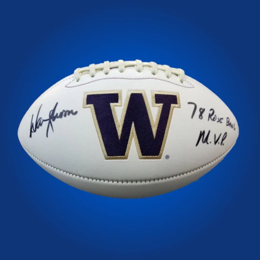 Autographed full size replica football by Warren Moon, featuring Washington Huskies white logo. Certified authentic, an exclusive memorabilia item for Huskies fans and sports collectors. Certificate of Authenticity included. Ball details may differ for catalog consistency.