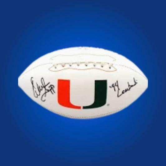Warren Sapp autographed Miami Hurricanes white logo football, essential memorabilia for Hurricanes fans and collectors.