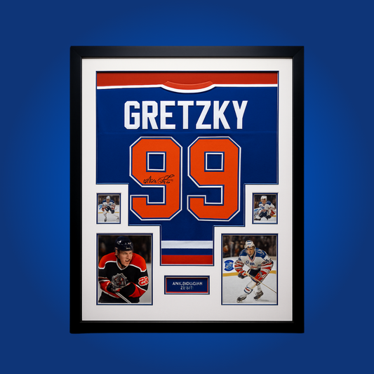 Wayne Gretzky’s autographed full framed Edmonton Oilers blue jersey stands as an iconic centerpiece for any collection, commemorating “The Great One’s” legendary career and unparalleled impact on hockey.
