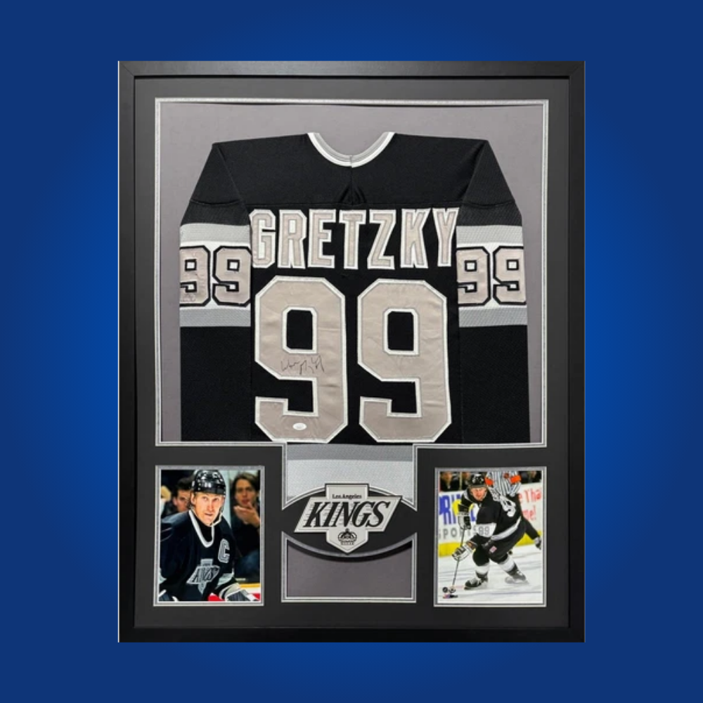 Wayne Gretzky’s full framed Los Angeles Kings black jersey, personally signed, is an extraordinary collectible, honoring “The Great One’s” transformative years in Los Angeles and his impact on the sport’s growth in California.