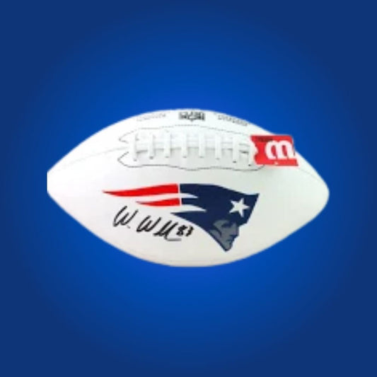 Patriots football autographed by Wes Welker, featuring franchise logo and signature panel.