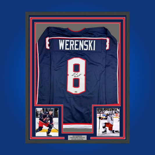 Zach Werenski’s full framed Columbus Blue Jackets navy blue jersey, featuring a facsimile signature, offers fans a striking collectible that celebrates his impact on the team’s blue line.